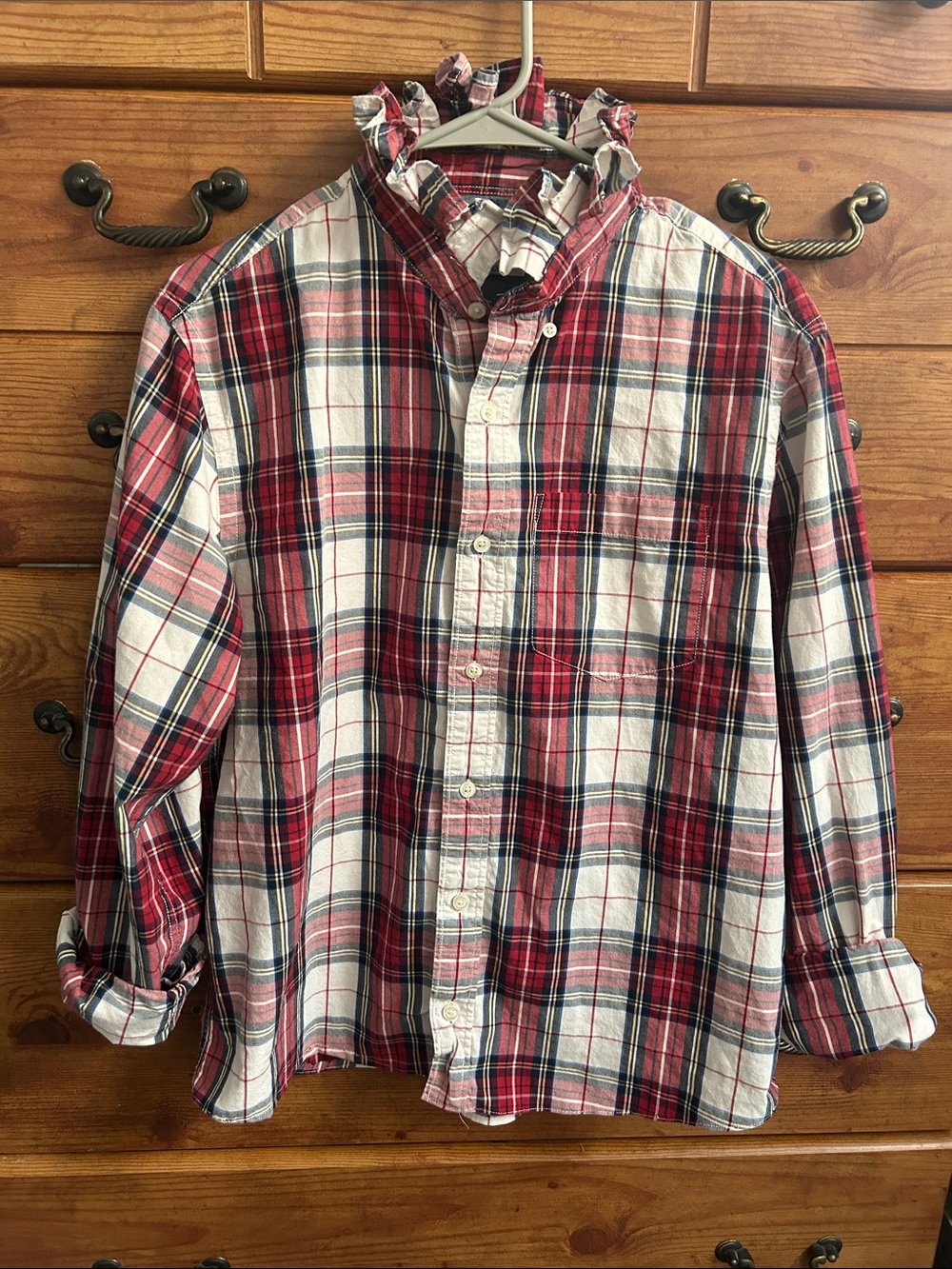Up cycled Ruffle collar Red Plaid Button-Down Shirt Mens large.